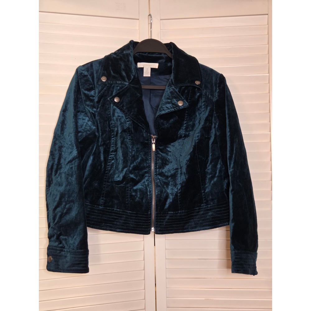 Chico's Velvet Moto Jacket Size 1 M Teal Blue Cotton Blend Asymmetric Zip Biker